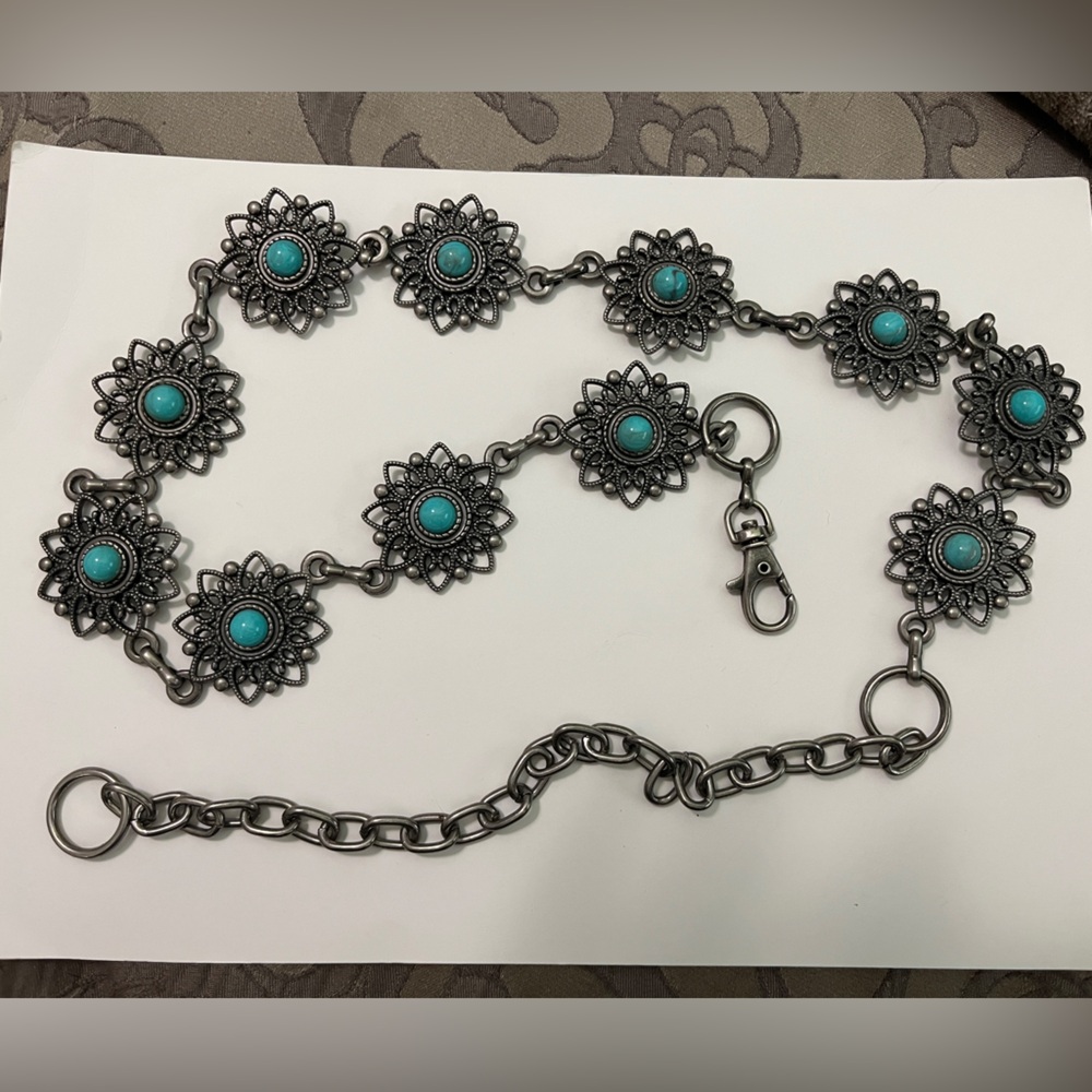 Turquoise Silver tone Floral concho belt Western Bohemian style sz 31-40